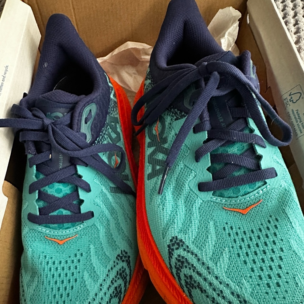 Hoka Womena Challenger ATR 7 in 6.5 wide. Turquoise/orange/blue